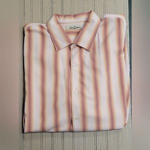 Tommy Bahama Camp Shirt XXL  Peach Striped Design Button Up Short Sleeve Silk